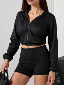 New Autumn Black Elastic Waist Short Hooded Sun Protection Jacket - Black - View 5