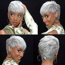 Grey Pixie Cut Wig Human Hair Straight Layered Glueless Pixie Wigs For Women Silvery Gray Color 100% Brazilian Human Hair Wig With Bangs 4 Inch 180% Density Perfect For Everyday & Cosplay & Parties & Music Festival - 灰色 - 查看 6