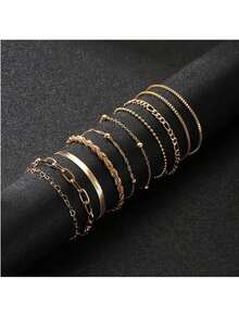 10-5 件/套时尚波西米亚风格女士金属手链套装，心形珠子和链条设计，可堆叠，是情侣节日礼物的理想之选，适合日常佩戴或约会 - 金色 - 查看 3