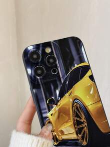 Cool Racing Car Phone Case, Black With Bright Yellow Body And Gold Rim Print, Car Enthusiast Phone Protective Cover, Toy For Boys, Waterproof, Durable, Dust-Proof, Fashionable Minimalist Design With Camera Protection, Suitable For IPhone 16/15/14/13/12/11/7/8/XR/XS/Plus/Pro/Pro Max And Galaxy S/A Series, Perfect Gift For Friends, Family, Girlfriend, Boyfriend, Ideal Christmas Present