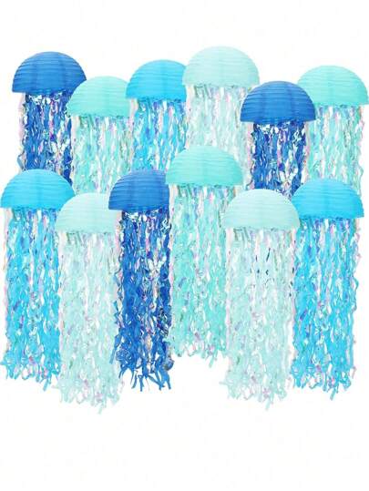 3 pièces Lanternes en papier bleues suspendues en forme de méduses, décoration de fête sur le thème sous-marin, lanternes en papier dégradé de couleur, convient pour une fête d'anniversaire sirène, une baby shower, une salle de classe sur le thème de l'océan et la décoration d'une chambre sur le thème de la plage