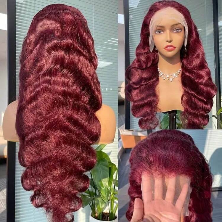 Burgundy Lace Front Wig Body Wave Human Hair 13x4 HD Transparent 99J Lace Front Wigs Human Hair Pre Plucked With Baby Hair 250% Density Body Wave Glueless Human Hair Wigs For Women - S99J - 查看 6