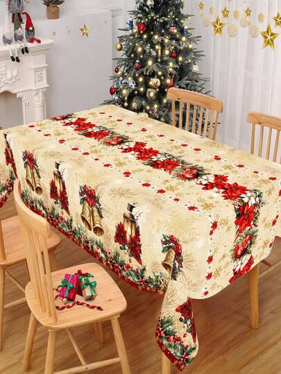 1 件复古圣诞塑料桌布，130x220 厘米乡村圣诞一品红铃铛一次性桌布，适用于长方形桌子，圣诞派对装饰，非常适合家庭厨房餐桌装饰、餐桌布置和礼物创意，2025 年圣诞装饰