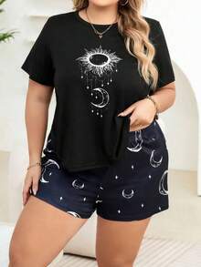 Plus Size Summer Sun & Moon Print Drop Shoulder Tee