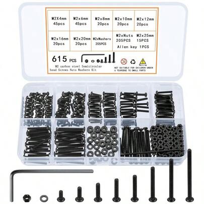 615 Pcs M2 Screw Assortment Kit For Precision Electronics And Small Machinery Repair Includes Hex Socket Button Head Cap Screws Nuts And Washers Metric Machine Screw Set With Small Black Fasteners For DIY Projects Model Building And Circuit Board Assembly