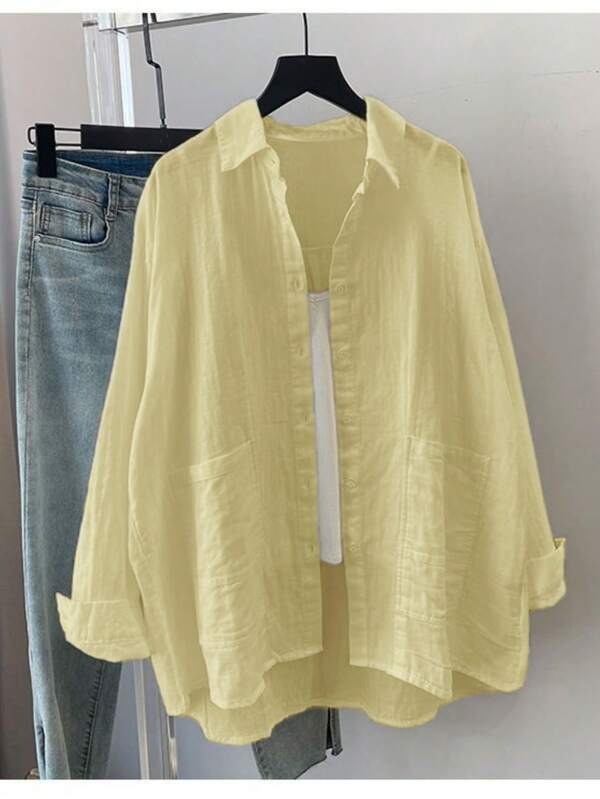 Plus Size Women's Solid Color Pocket Long Sleeve Casual Loose Blouse, Autumn