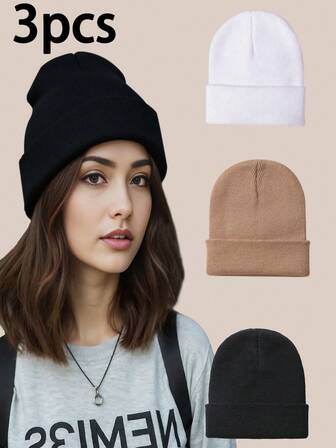 3PCS Girls And Boys Simple Solid Color Fashion Winter Neutral Warm Winter Hat, Head Circumference Can Be Worn Elastic Size, Suitable For Daily Life Outdoor Warmth, Christmas Gifts, New Year's Gifts Winter Women