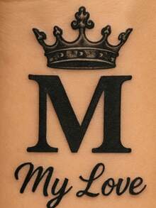 1张皇冠字母M和“My Love”文字纹身贴纸，简约黑灰爱情主题临时手腕纹身，防水防汗，可持续1-3天，适合情人节，素描风格 - 黑色 - 查看 3