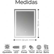 Espejo LED de Baño Espejo Led Rectangular 70x50cms Para Baño Sistema One Touch Con 3 Colores De Luz (fría, Cálida, Neutra) Dimmeable - Blanco - Ver 2