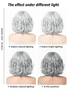 12英寸亚麻棕色短款波浪卷假发，耐热合成假发，带刘海，适合日常佩戴、派对和角色扮演 - 灰色 - 查看 7