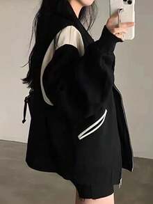 Chaqueta con cremallera de bolsillo de bloque de color para , para primavera - Negro - Ver 3
