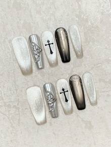 10 件 Y2K 蝴蝶翅膀装饰美甲套装，包含金属猫眼、水钻、蜘蛛网图案、可重复使用的指甲贴，适合派对、音乐会，轻巧奢华 - 銀色 - 查看 16