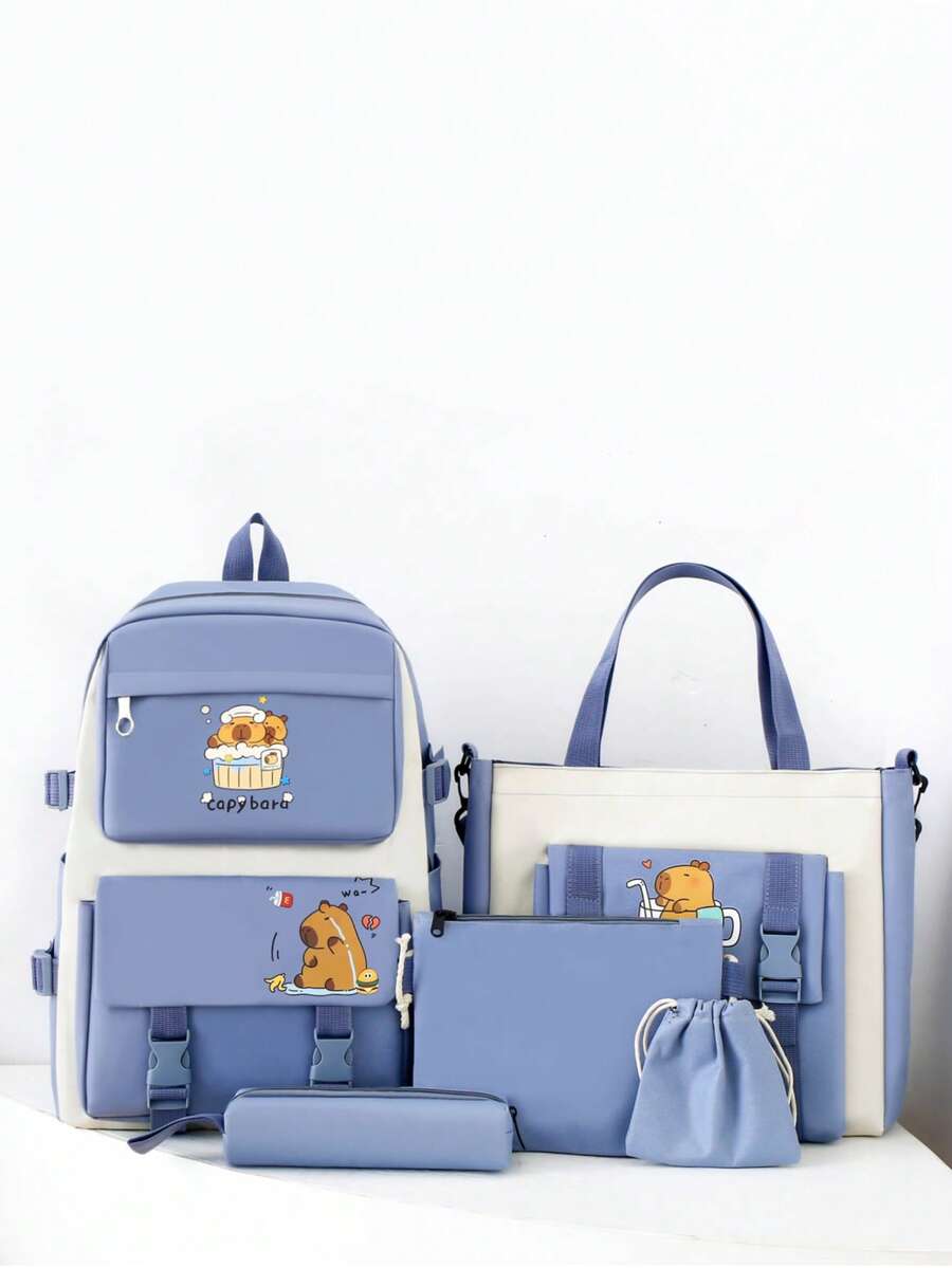 5件套时尚百搭可爱水豚图案大容量背包、单肩包、斜挎包、手拿包、钱包