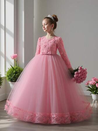 Young Girls' Round Neck Long Sleeve Lace Mesh 3D Floral Bow Elegant Flower Girl Dress For Banquet, Party, Birthday, Without Headband