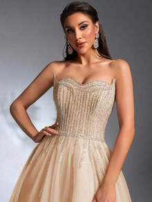 IBTRLY New Luxury Elegant Faux Two-Layer Design Beaded Mesh Slit High-Low Puff Skirt, Suitable For Formal Banquet, Party, Wedding, Homecoming, Birthday, Valentine's Day And Other Occasions, Evening Gown - Apricot - View 10