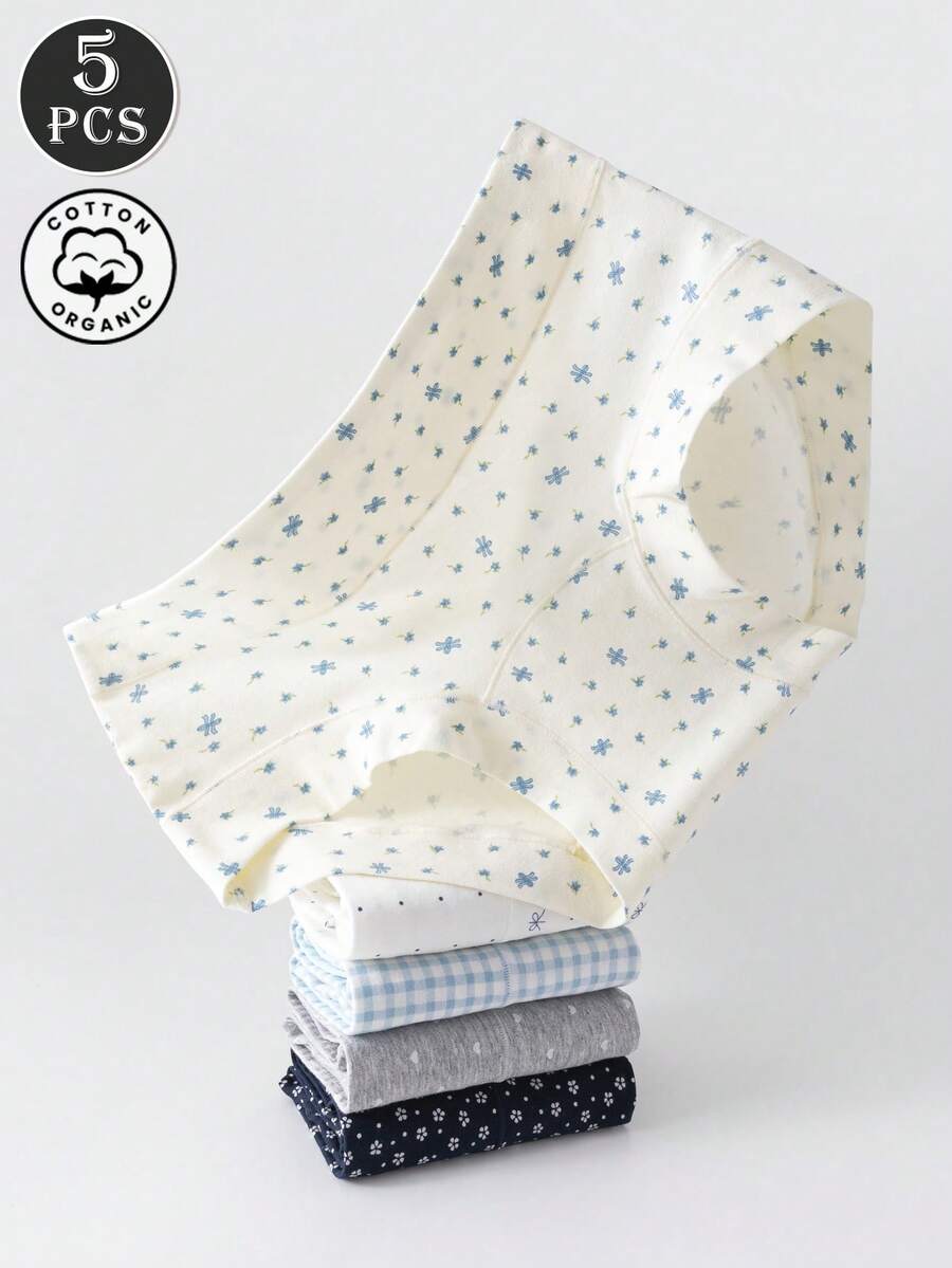 5 件/包女士棉质花朵可爱蝴蝶结无缝三角裤，中腰全覆盖内裤