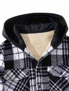 Men's Fashion Plaid Symmetrical Button Front Flap Pocket Cuff Button Design Curved Hem Outdoor Casual Versatile Thermal Lined Hooded Jacket, Fall/Winter