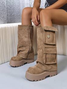 Bốt cổ ngắn hai túi kaki họa tiết chữ U mới cho nữ mùa thu/đông, phù hợp với phong cách đường phố, kiểu dáng Cargo, bốt đế dày chống trượt, phong cách Punk phương Tây có khóa và khóa kéo bên hông, trang phục thường ngày - Màu Khaki - Xem 4