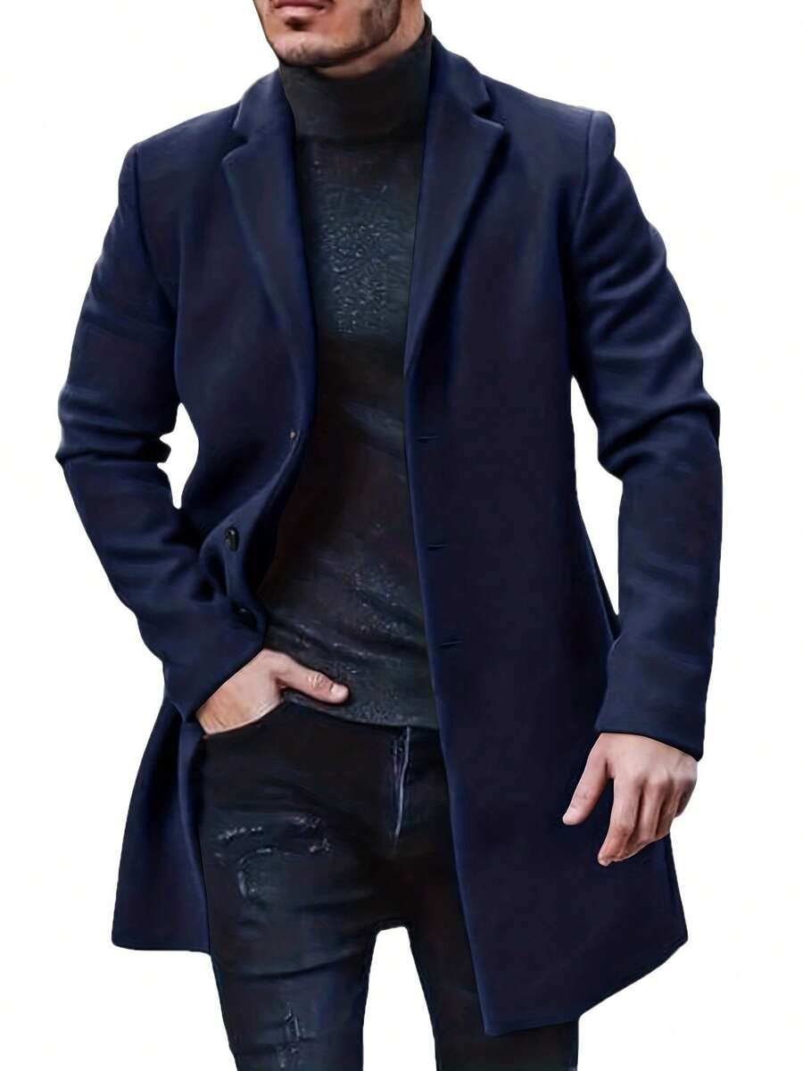 Mens Trench Coat Slim Fit Notched Collar Fall Winter Single Breasted Pea Coat Warm Soft Overcoat - 藏蓝色 - 查看 1