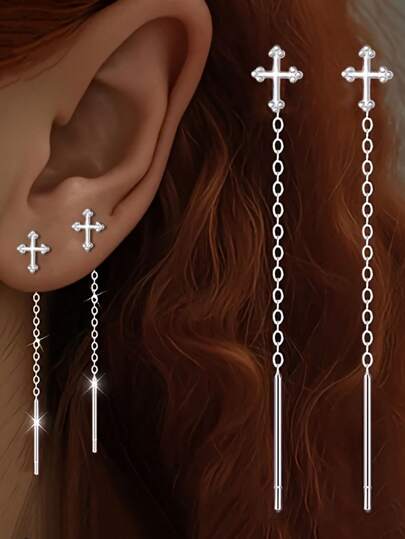 1 paire de boucles d'oreilles pendantes avec croix en argent sterling S925 pour femmes, bijoux de boucles d'oreilles à chaîne en argent avec croix, convient pour un port quotidien, la remise des diplômes/la saison des mariages, comme cadeau