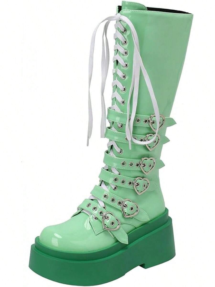 Parisuit Women's Knee High Goth Platform Buckle Boots Chunky High Heel Lace Up Punk Combat Boots With ChainChristmas - màu xanh lá - Xem 1