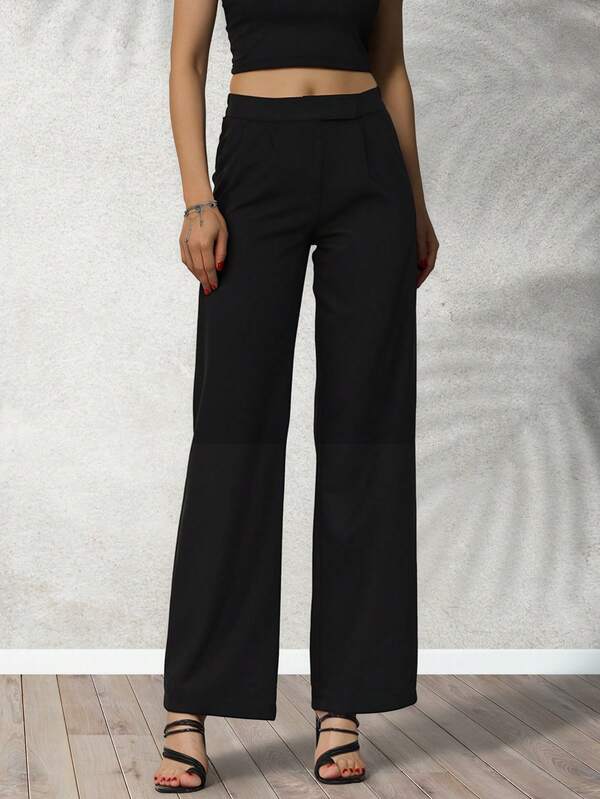 Pantaloni da donna in vita elastica, colore unito, casual ed eleganti, con tasche, adatti per uso quotidiano