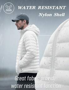KEFITEVD Men's Lightweight Jacket With Hood Water Resistant Windproof Insulated Jacket Quilted Lined Winter Coats - White - View 6
