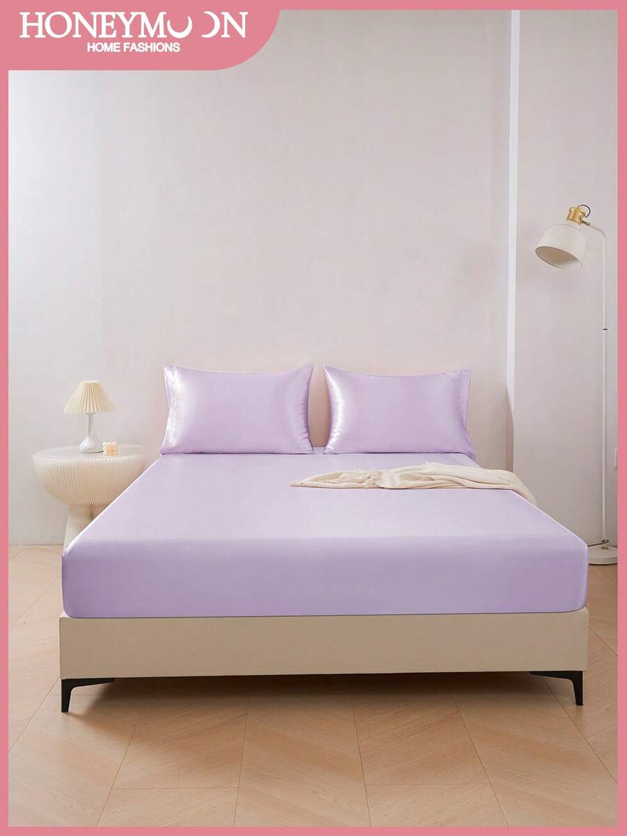 1pc Honeymoon Solid Color Satin Fitted Sheet - Shiny Satin Fabric Mattress Cover, Suitable For 9-12 Inch Deep Mattresses, Luxurious Silky, Super Soft And Breathable, Shrink-Resistant And Machine Washable - T/F/Q/K Sizes Suitable For Home And Dorm, Lavender - Taro Purple - View 1