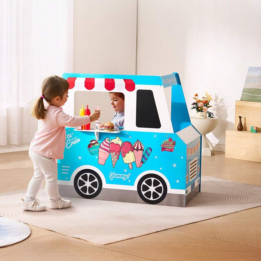 Ice Cream Cart For Kids, 20+ PCS Ice Cream Truck Wooden Playset, Pretend Play Stand With Steering Wheel & Chalkboard, Payment Scanner & Freezer, Faucet & Sink, Suitable For Kids 3-7 Years Old - 彩色 - 查看 1