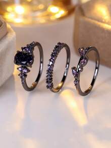 Vanel 3 件套复古宫廷风格方晶锆石戒指套装，适合送给朋友的派对珠宝礼物 - 黑色 - 查看 3