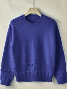 Plus Size Casual Solid Color Round Neck Drop Shoulder Long Sleeve Sweater, Autumn/Winter - Royal Blue - View 3