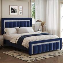 Twin/ Full/ Queen/ King Bed Frame With Headboard And Footboard, Velvet Upholstered Platform Bed Frame With Diamond Design, No Box Spring Needed, Easy Assembly, Black/ White/ Pink/ Blue/ Green, Twin/ Full/ Queen/ King - 藍色 - 查看 11