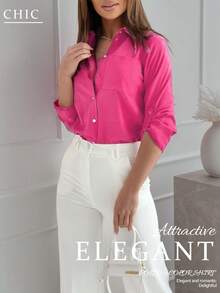 European And American Fashion Women's Button-Down Shirt - Long-Sleeve Turn-Down Collar Elegant Blouse, Wrinkle-Free Professional Shirt With Pocket Rodeo Outfits For Women Valentines Day Outfit Spring Outfits For Women Festival Outfits For Women Concert Outfit Women Prom Dress Womens Tops Spring Break Outfits Brunch Outfits For Women Valentines Clothes Summer Outfits - 玫紅色 - 查看 3