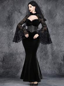 Women's Gothic Elegant Gorgeous Romantic Vintage Halloween Witch Sleeves Cosplay Rose Lace Stitching Velvet V-Neck Fishtail Party Dress - Black - View 4