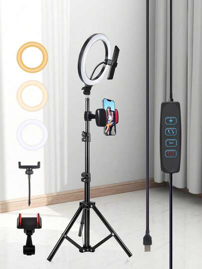 A 10-Inch LED Selfie Ring Light Set With A 43-Inch Adjustable Height Tripod And Two Universal Phone Clamps. It Features An Adjustable Dimming Knob And Is USB Powered. It's Perfect For Makeup, Video Recording, And Halloween Party Livestreams. This Universal Stabilizer Supports DIY Ring Lights And Is Compatible With Cameras. Suitable For Photography, Video Recording, Live Streaming, Zoom Meeting, Vlogging, With Stand Photography Video Recording Live Streaming Room Meeting Vlogging Selfie Light Phone Light Ring Light With Stand