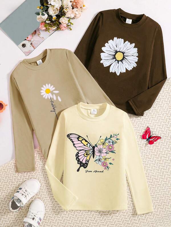 3pcs Girls Autumn Fashion Graphic Print Round Neck Long Sleeve T-Shirt, Comfortable Soft Children Tops, Versatile Outerwear For Teens