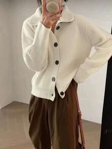 Women's White High Neck Loose Minimalist Cardigan, Long Sleeve, Autumn/Winter - Apricot - View 1
