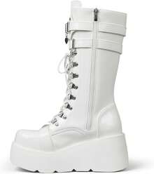 Women's Black Platform Boots Wedge Combat Gothic Chunky Heel Lace Up Mid Calf Punk Motorcycle Shoes