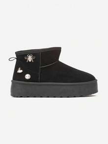 Thick Sole Snow Boots With Metallic Decorations - Black - View 3