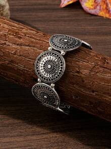 1 件复古阿拉伯风格花卉装饰塑料水钻黑色花朵弹性手链，时尚女性日常佩戴 - 復古銀色 - 查看 5