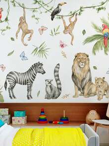 1 Set Cute Cartoon Small Animal Green Plant Combination Wall Sticker Glass Bedroom Children's Room Living Room Kindergarten Background Decoration Wall Sticker