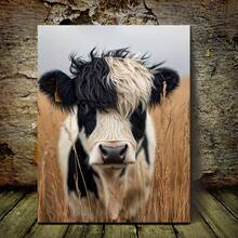 1 pièce Impression sur canevas portrait de vache chic avec cadre en bois rustique - Design noir et blanc ludique, parfait pour les salons, les chambres, les bureaux ou les fêtes à thème - 12x16 pouces, décoration de vache