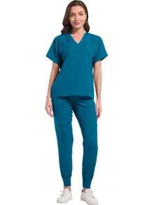 Conjunto De Uniforme Clínico Quirúrgico De Dos Piezas Con Manga Corta, Cuello En V y Bolsillos Funcionales Para Uso Profesional En Tela De Poliéster y Spandex - Agua verde azul - Ver 2