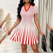 Women's Polo Dress Elegant Striped V Neck Short Sleeve A Line Dresses - 紅色 - 查看 1