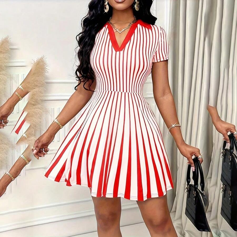 Women's Polo Dress Elegant Striped V Neck Short Sleeve A Line Dresses - 紅色 - 查看 1
