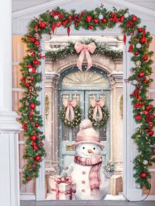 1 pezzo Decorazione natalizia in poliestere per porta d'ingresso, con acquerello di Babbo Natale, pupazzo di neve e corona, decorazione natalizia per casa e portico