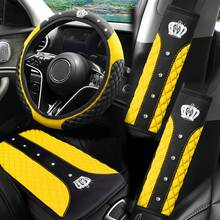 4 Stücke Krone Künstlicher Diamant Glitzer Mode PU Leder Rutschfeste Ohne Innenring Lenkradabdeckung Set Passend für 37-38CM Lenkrad Auto Zubehör