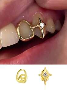 1 Set de Joyería para Dientes con Estrella de Cuatro Puntas Hueca y Piedra de Circonita, Decoración de Fiesta de Moda Unisex - Multicolor - Ver 5