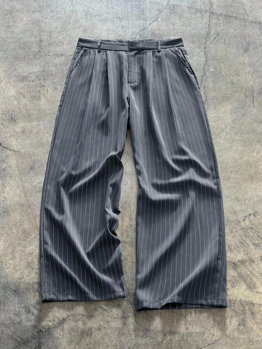 男士梭织休闲宽松条纹阔腿裤，适合夏季和学生穿着 - 深灰色 - 查看 1