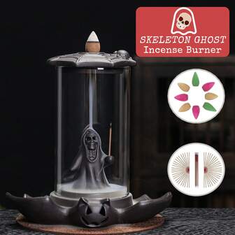 1pc Ghost Incense Burner Holder - Upside Down Reverse Inverted No Mess Bat Incense Sticks Holder, Backflow Waterfall Ceramic Unique Skull Ghost Incense Burner With Spider Cover & Incense Cones & Sticks For Christmas/Yoga/Home/Room